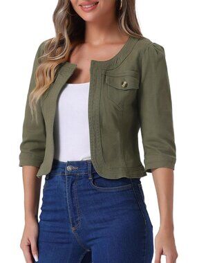 〽️Army Green Women’s Cropped Jean Jacket | Collarless Denim Cardigan 3/4 Sleeve